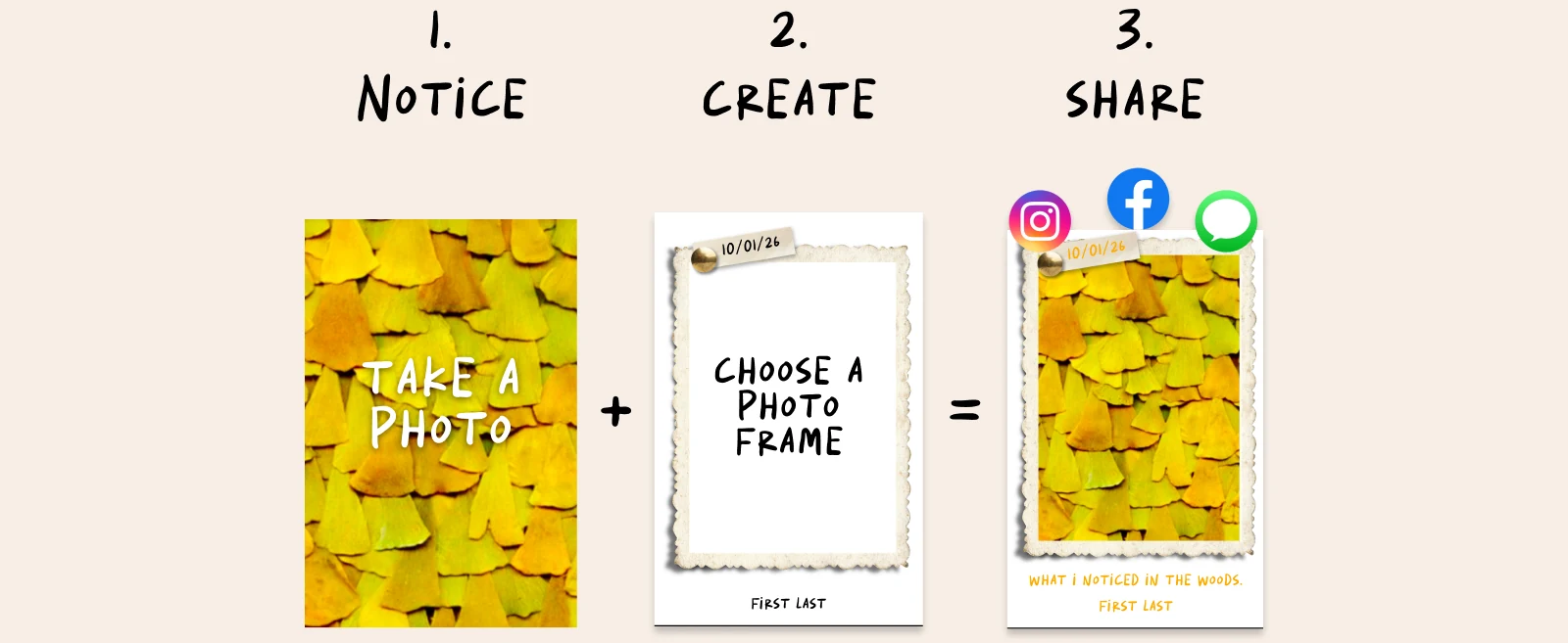 1. Notice — take a photo. 2. Create — choose a photo frame. 3. Share.